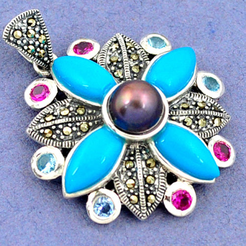 Titanium Pearl Blue Turquoise Flower Pendant